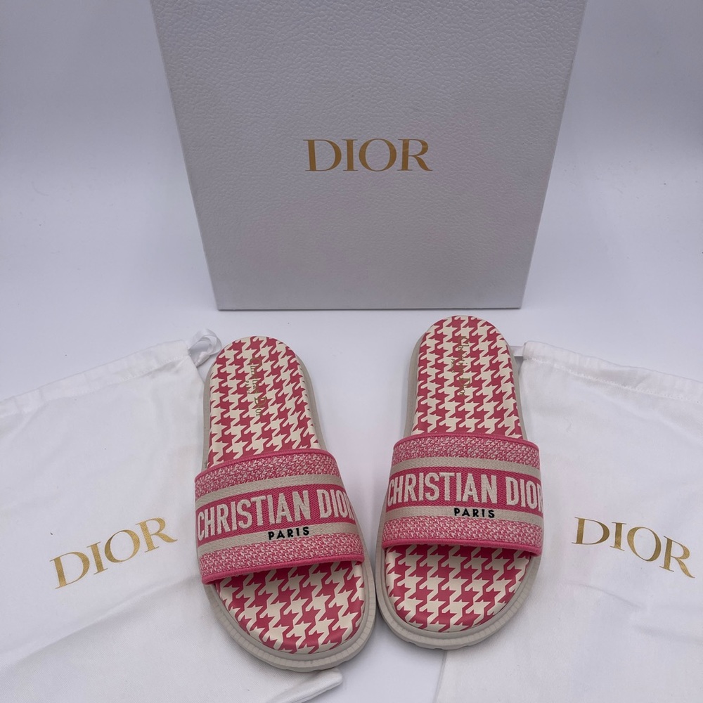 Dior Women Dway Slide Peony Pink Embroidered Cotton with Micro Houndstooth Motif - Picture 1 of 9